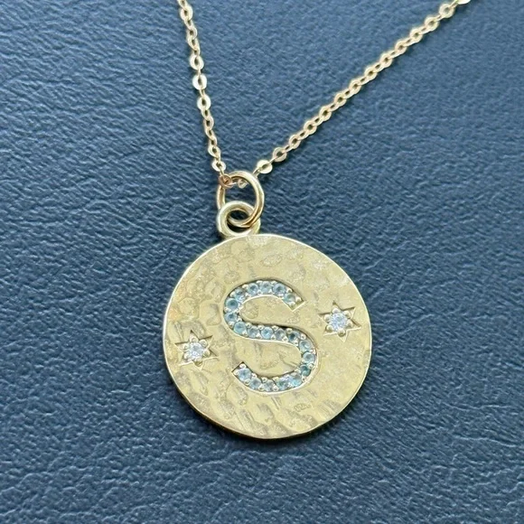 Gold, Diamond, Aquamarine Initial Pendant Necklace - Picture 2 of 5